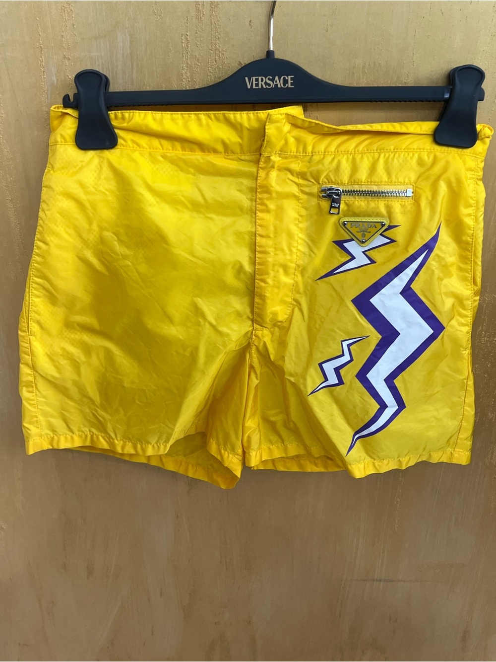 Prada Men’s Yellow Swim Trunks with Purple Lightning Motif